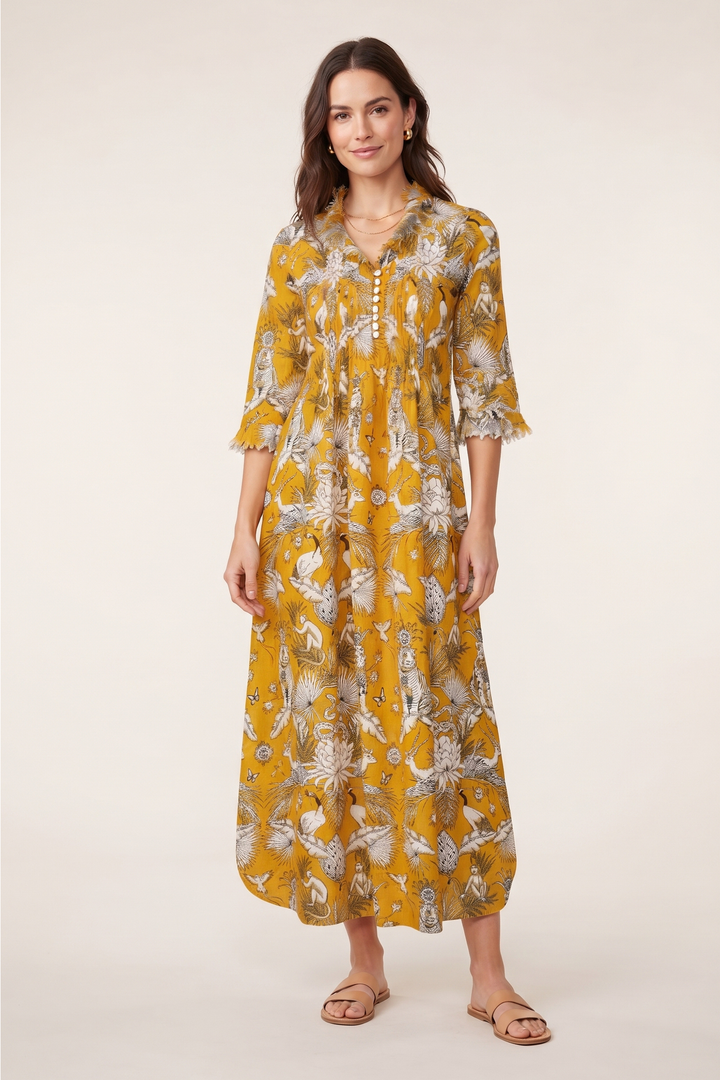 Cotton Annabel Maxi Dress in Ochre Tropical