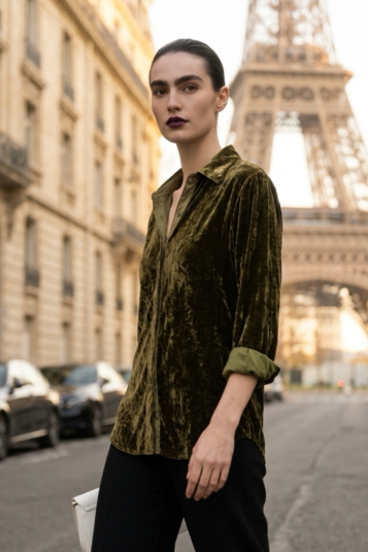 Silk Velvet Karen Shirt In Olive