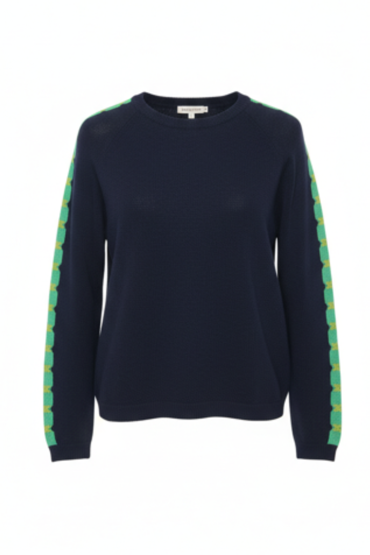Cashmere Mix Sweater in Navy with Green Cross Armstripe