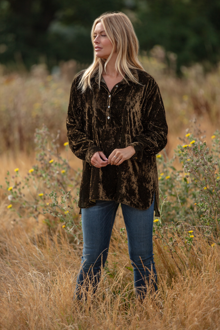 Ava Oversized Silk Velvet Shirt In Olive