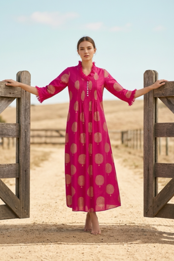 Cotton Annabel Maxi Dress in Fuschia & Gold