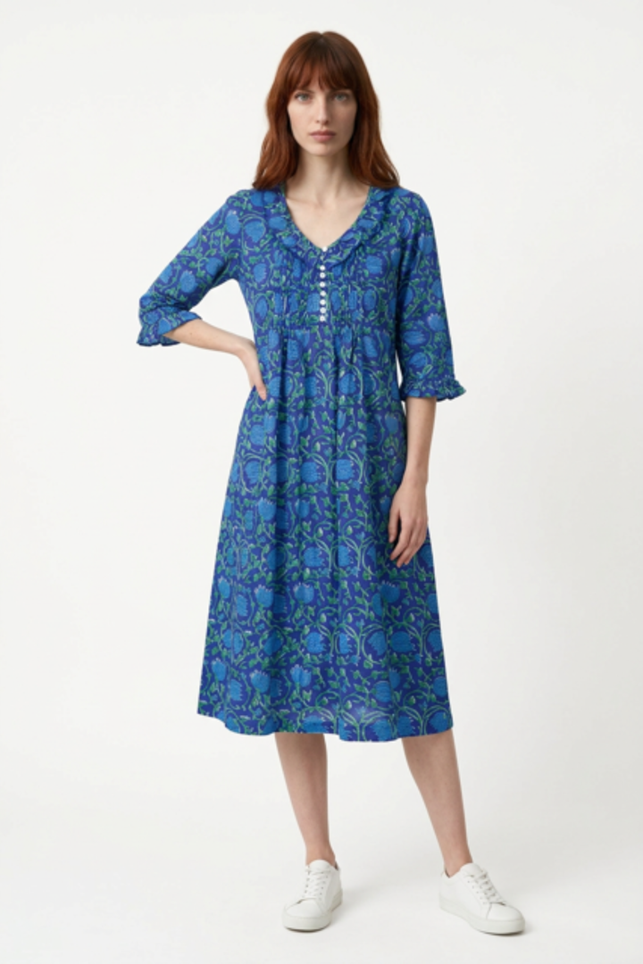 Cotton Karen 3/4 Sleeve Day Dress in Royal Blue with Blue & Green Flower