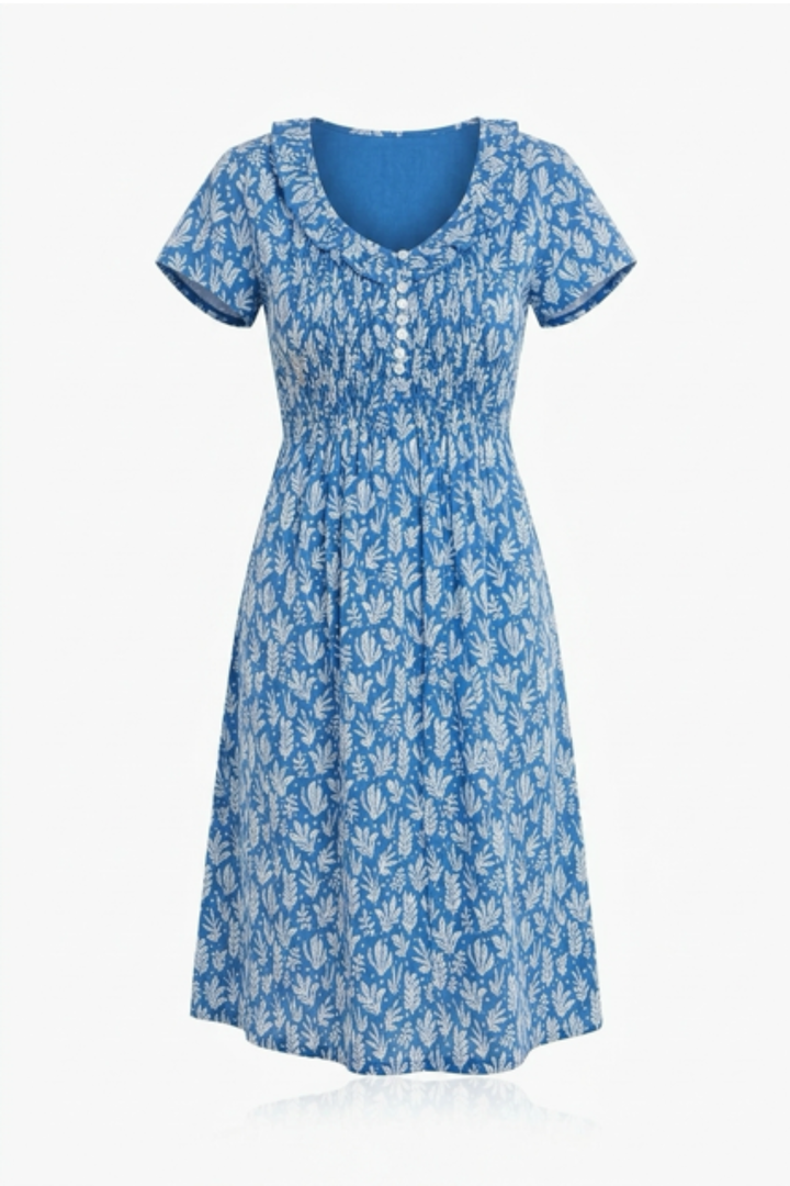 Cotton Karen Short Sleeve Day Dress in Sea Fern