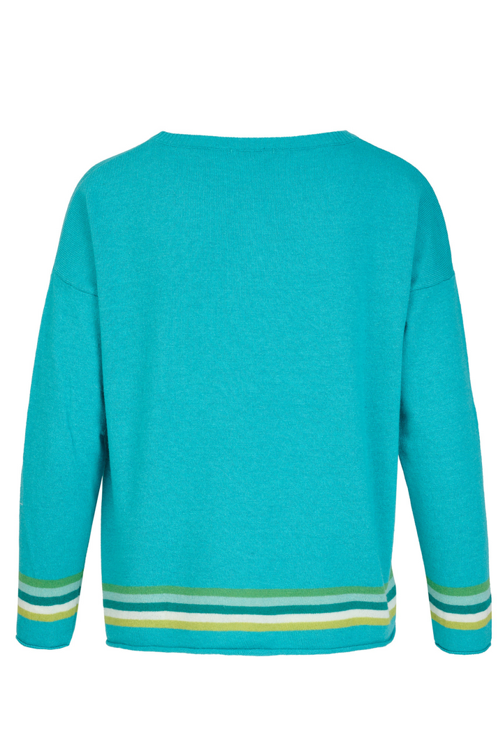 Cashmere Mix Sweater in Turquoise with Hem & Cuff Multi Stripe