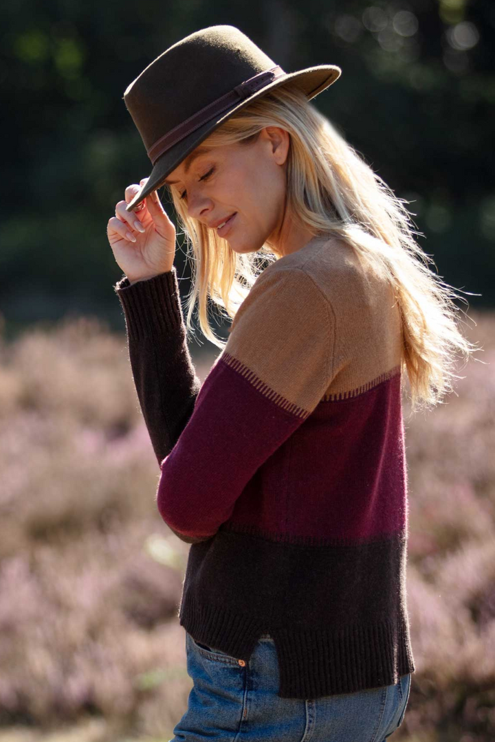 Cashmere Mix Sweater In Caramel, Claret & Chocolate Stripe
