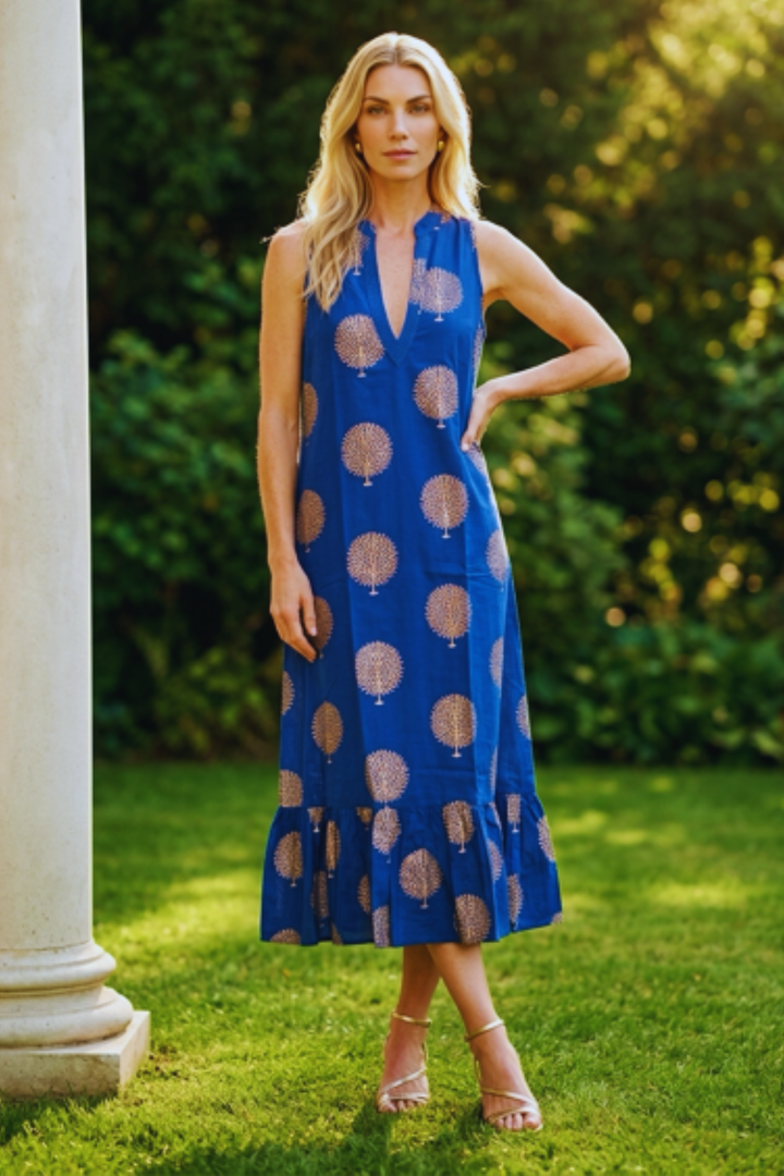 Cotton Lombock Midi Dress in Marrakesh Blue & Gold