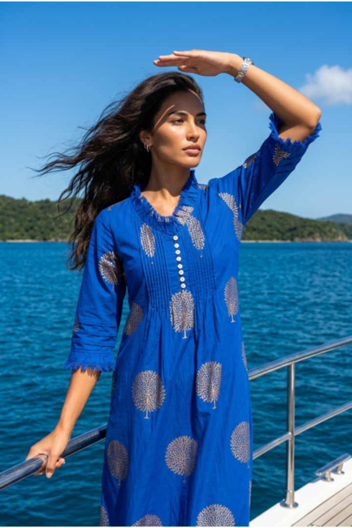 Cotton Annabel Maxi Dress in Marrakesh Blue & Gold