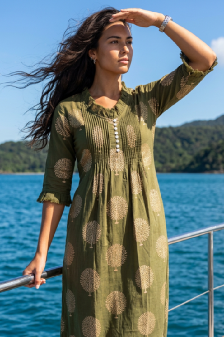 Cotton Annabel Maxi Dress in Olive & Gold