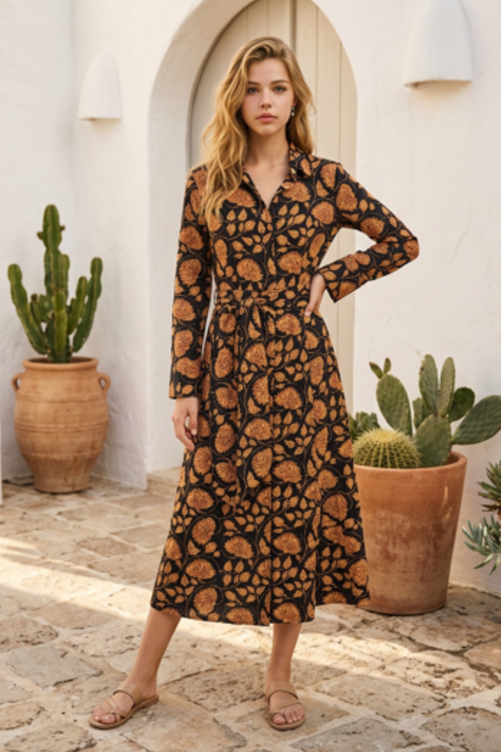 Cotton Marigold Dress in Black Vine
