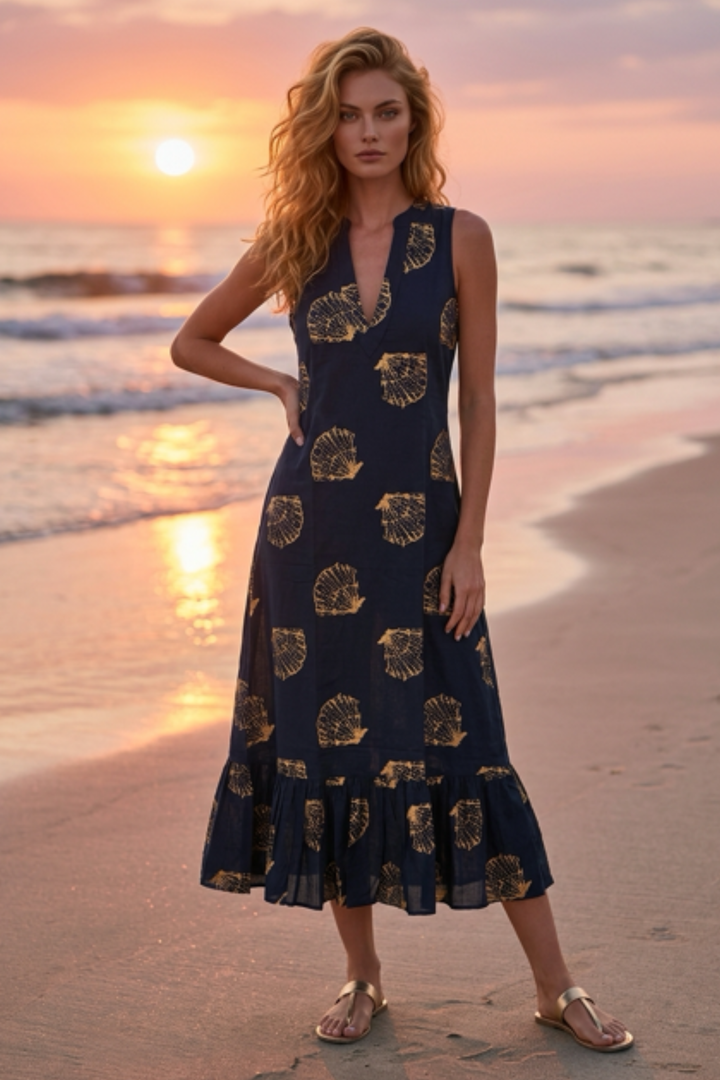 Cotton Lombock Midi Dress in French Navy
