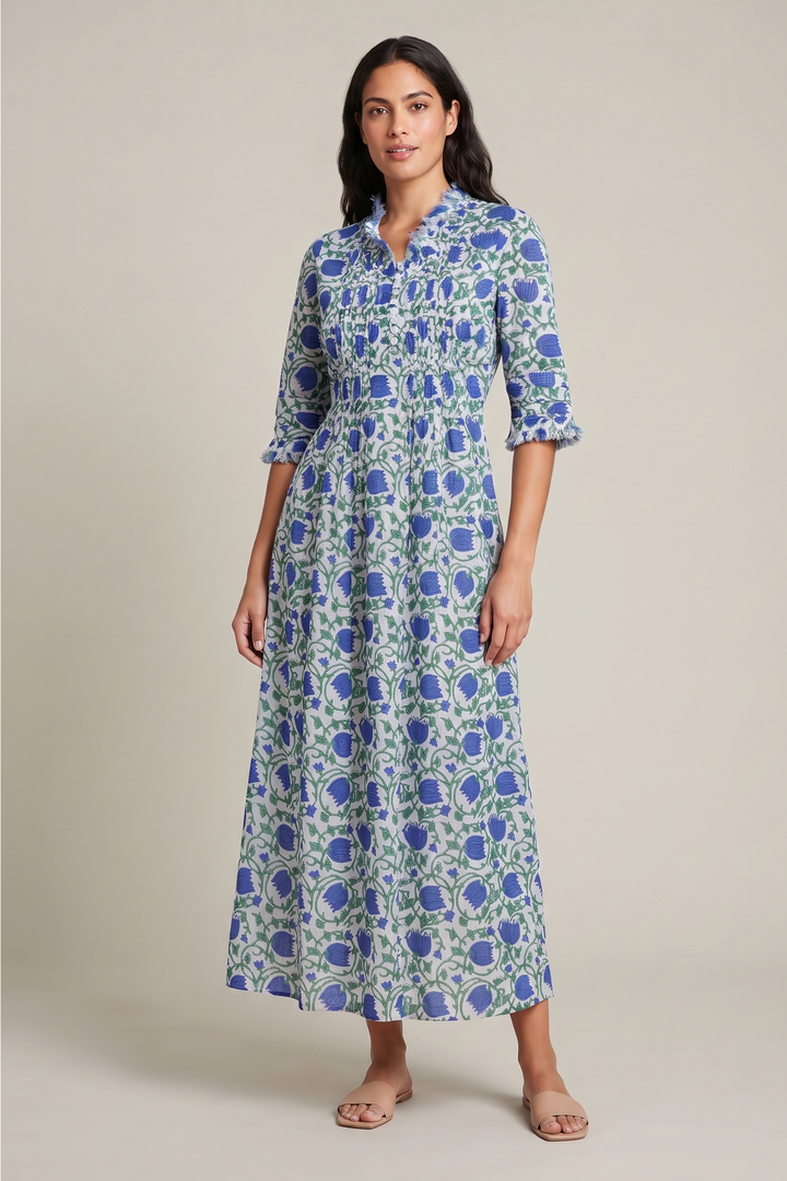 Cotton Annabel Maxi Dress in Blue & Green Vine