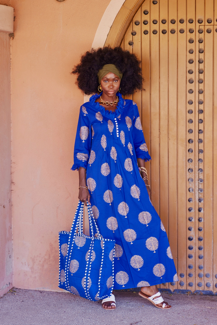 Cotton Annabel Maxi Dress in Marrakesh Blue Gold