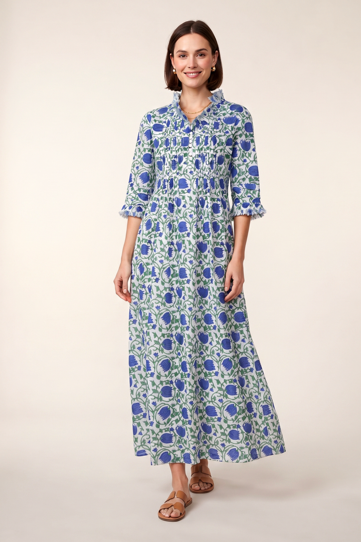 Cotton Annabel Maxi Dress in Blue & Green Vine
