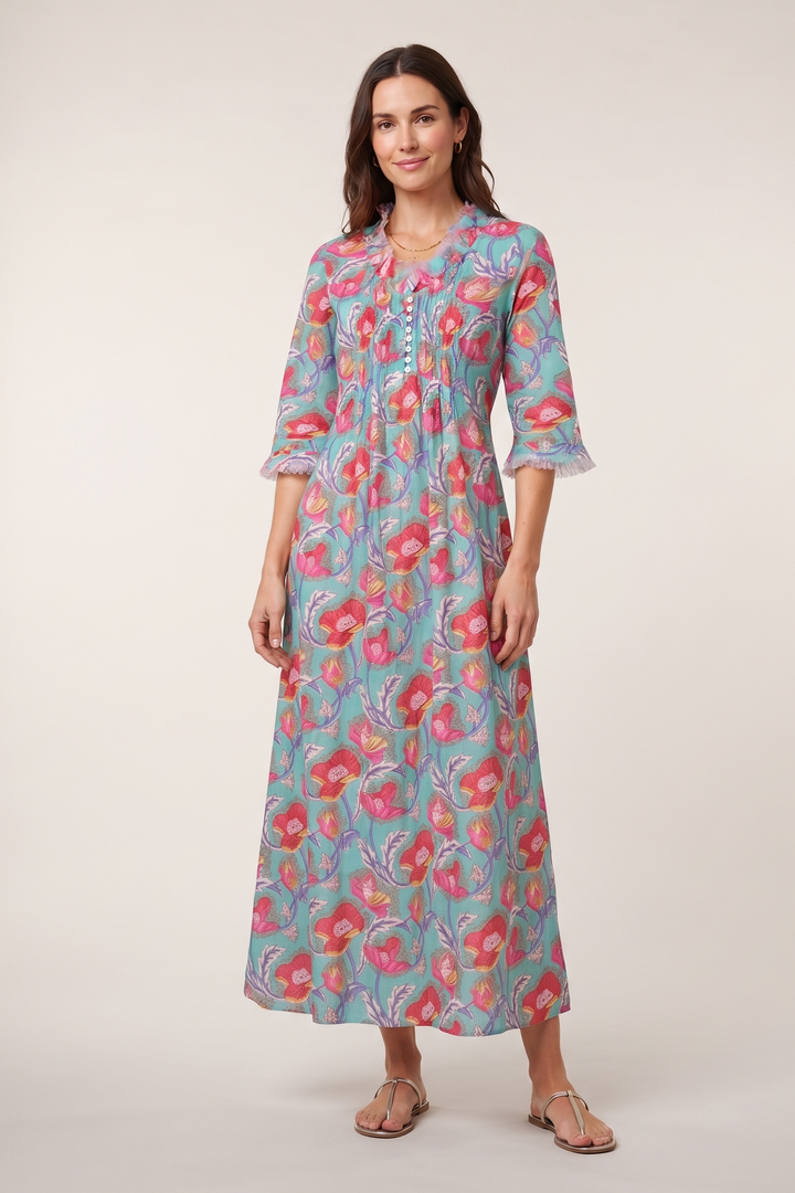 Cotton Annabel Maxi Dress in Duck Egg Flower