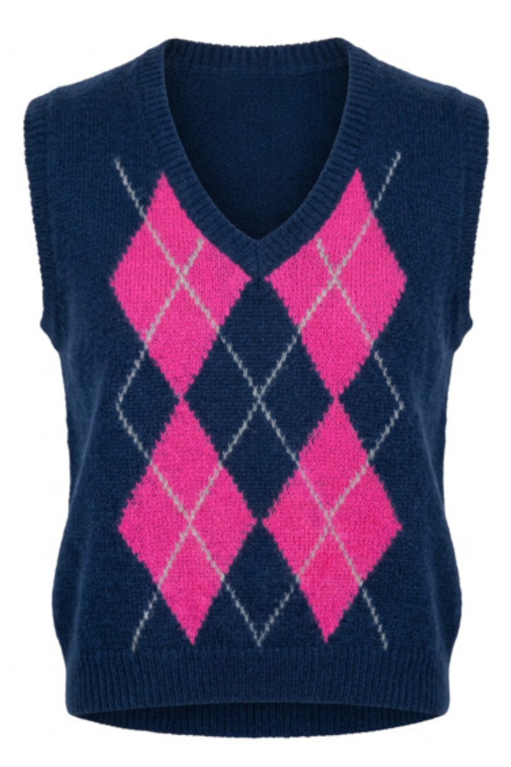 Sleeveless Jumper in Navy & Hot Pink Argyle