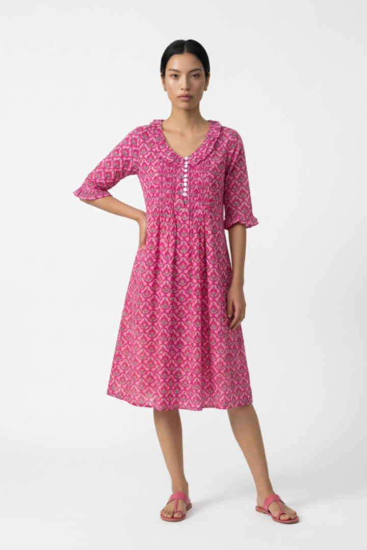 Cotton Karen 3/4 Sleeve Day Dress in Pink & Green Moroccan