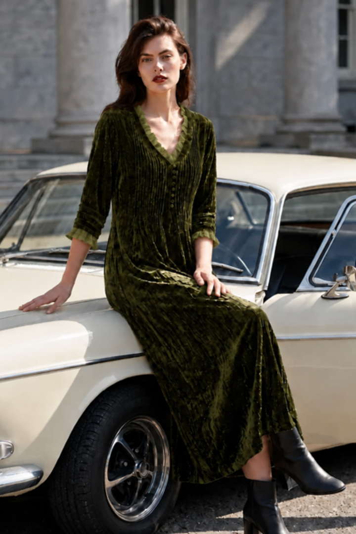 Silk Velvet Annabel Maxi Dress in Olive
