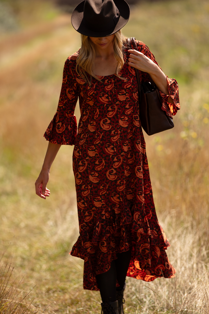 Victoria Midi Dress in Autumn Leaves Swirl