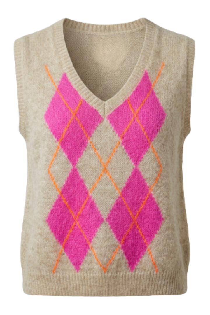 Sleeveless Jumper in Beige & Hot Pink Argyle