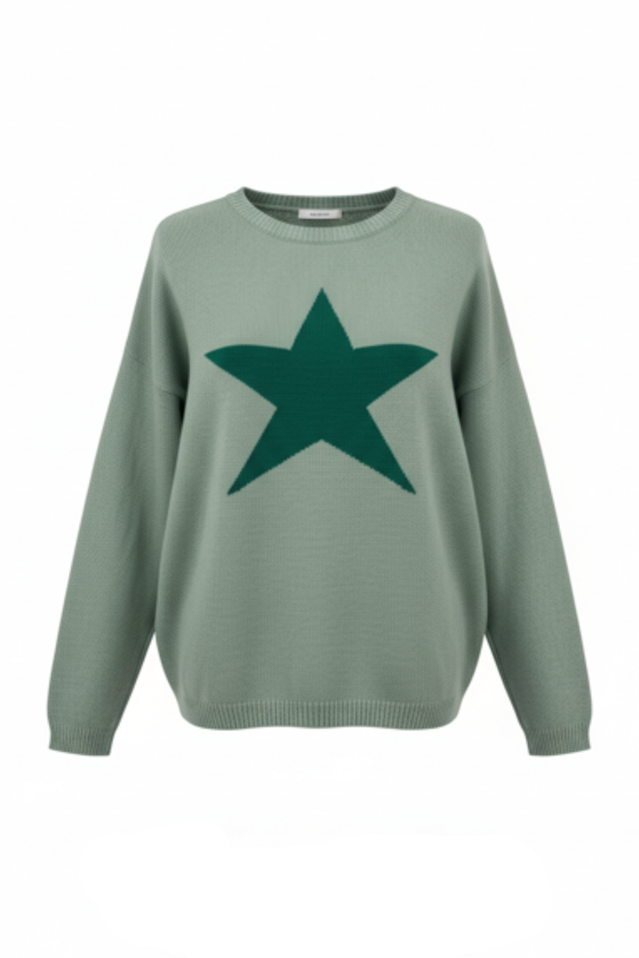 Cashmere Mix Sweater in Sea Green with Dark Green Star