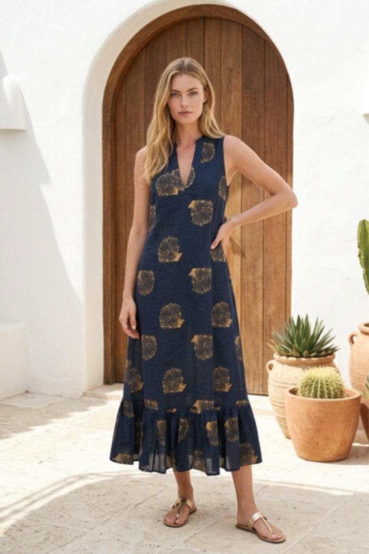 Cotton Lombock Midi Dress in French Navy