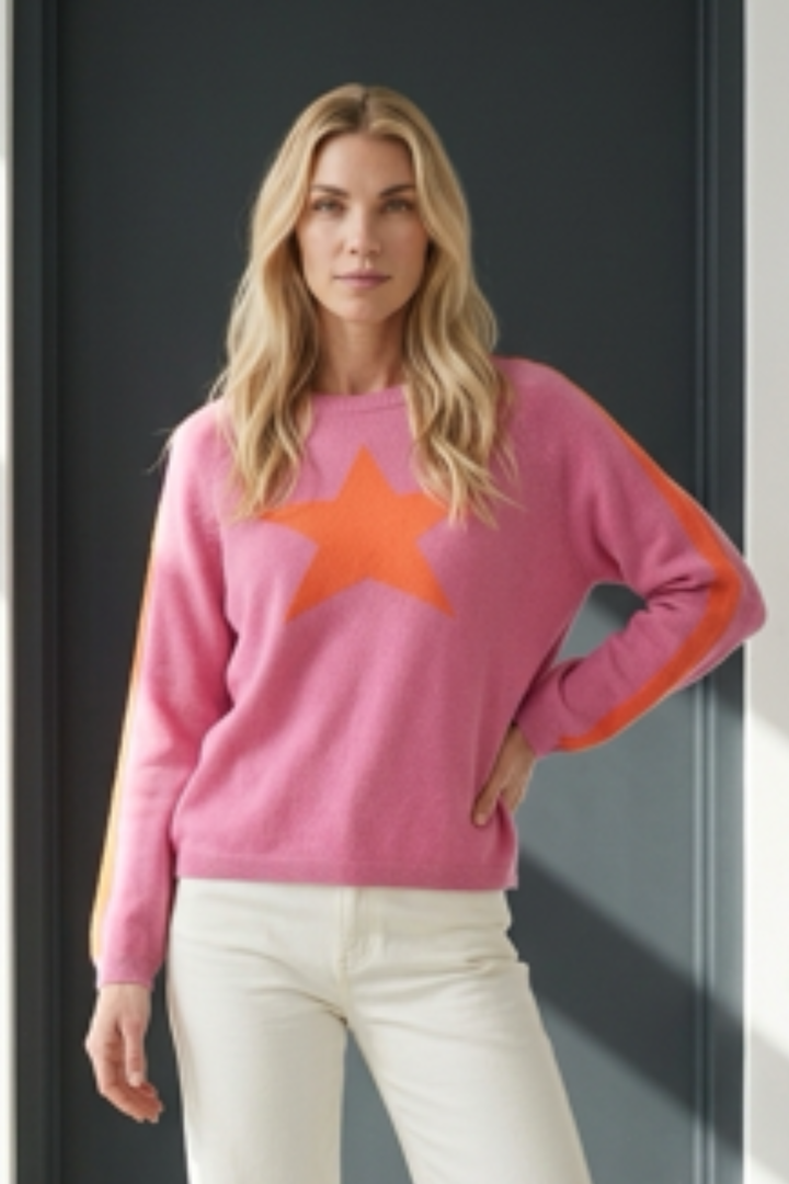 Cashmere Mix Sweater in Bubblegum Pink with Orange Star & Armstripe