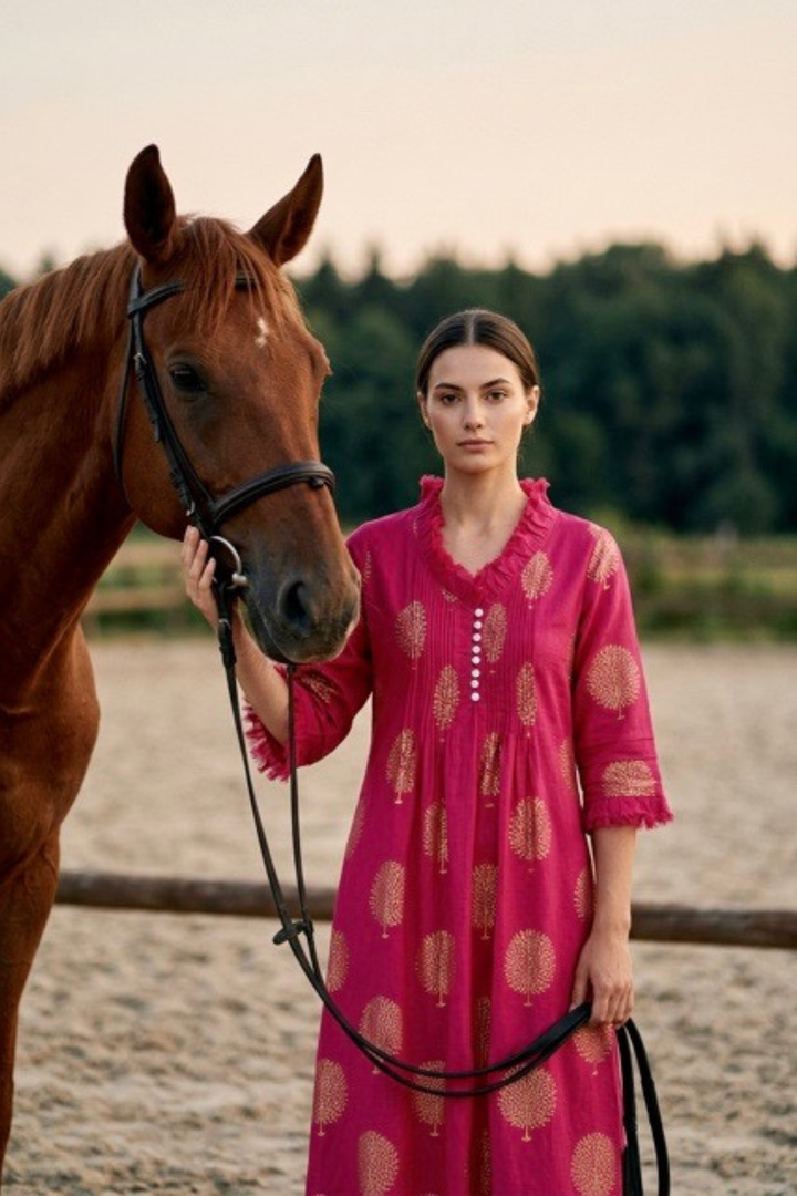 Cotton Annabel Maxi Dress in Fuschia & Gold