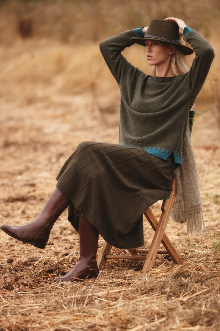 Cashmere Mix Sweater in Olive with Blue Zig Zag Hem & Cuffs