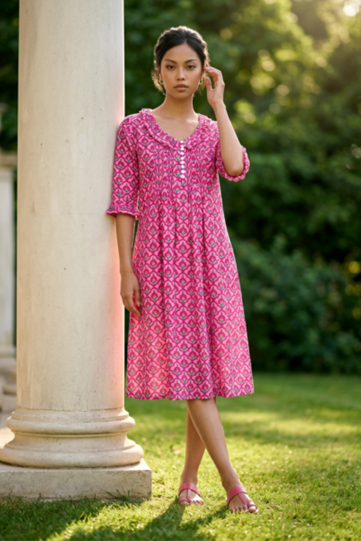 Cotton Karen 3/4 Sleeve Day Dress in Pink & Green Moroccan