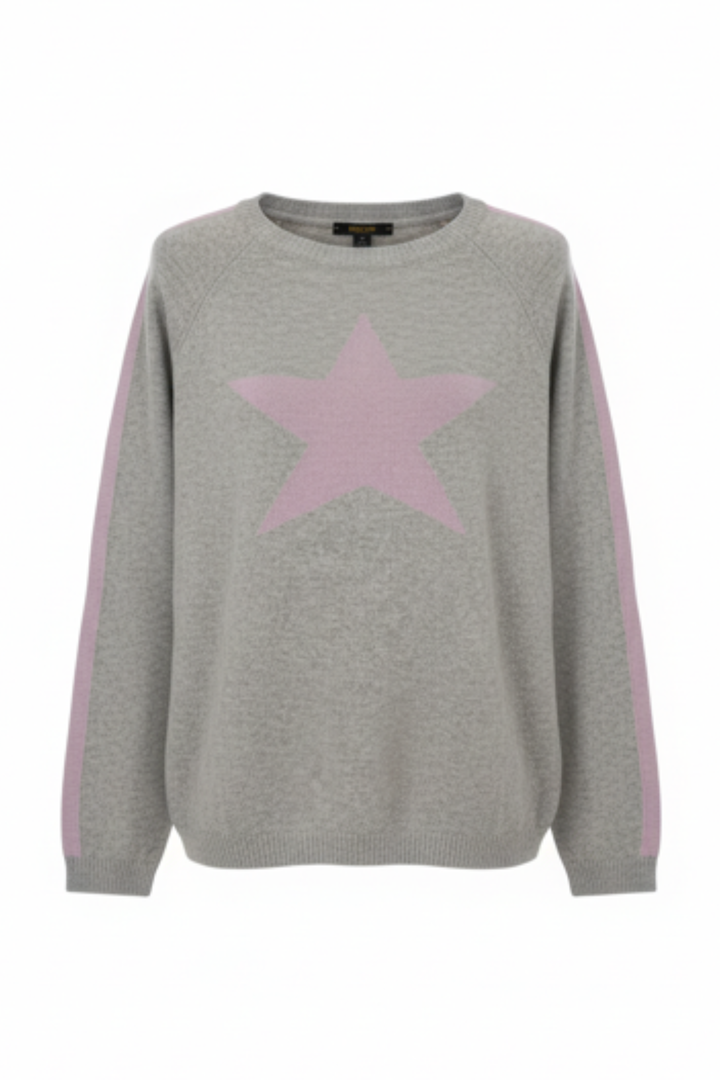 Cashmere Mix Sweater in Light Grey with Lilac Star & Armstripe