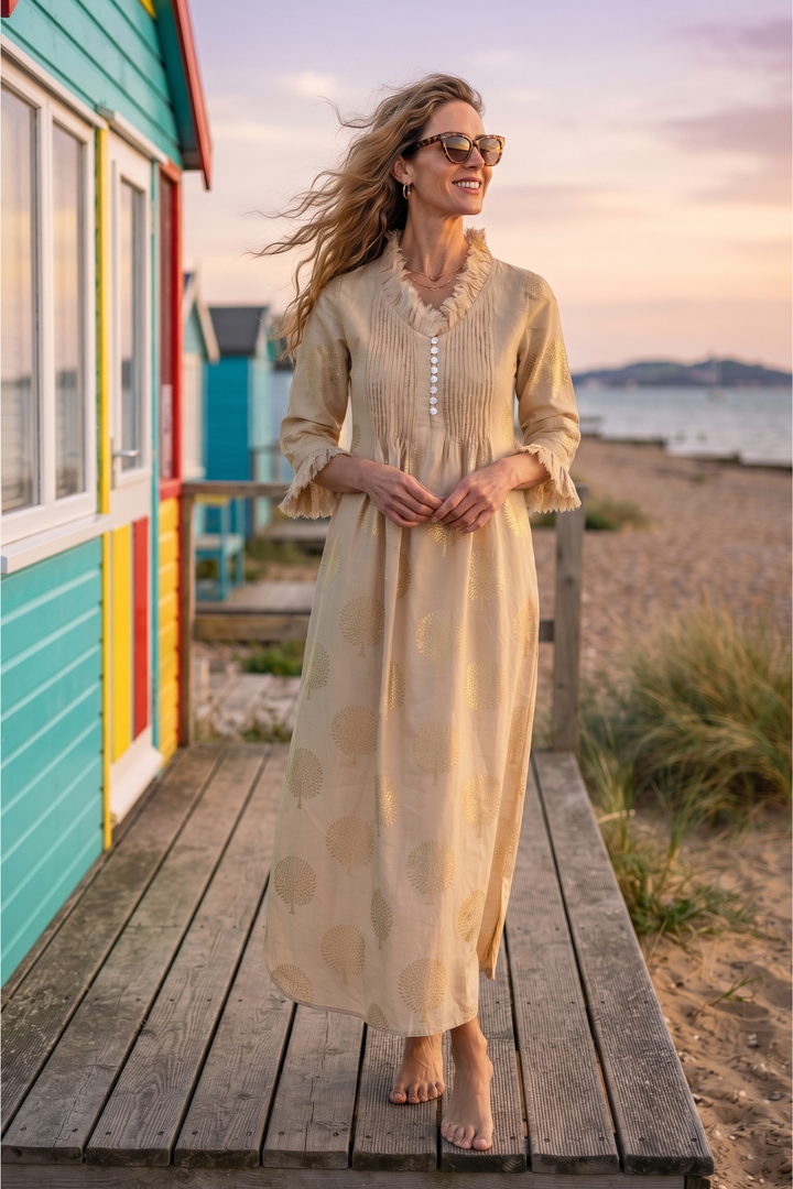 Cotton Annabel Maxi Dress in Latte & Gold