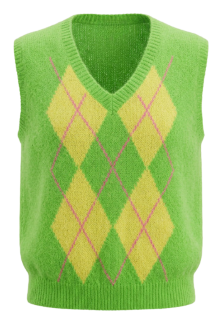 Sleeveless Jumper in Lime Green & Yellow Argyle