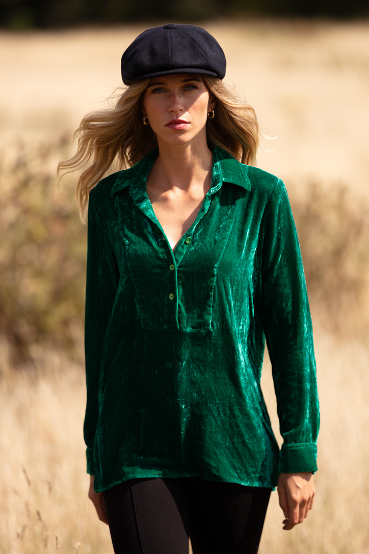 Silk Velvet Shirt In Emerald Green