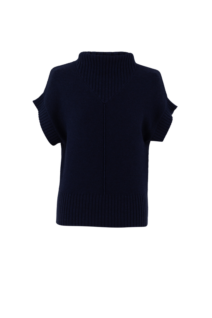 'Marble' Knitted Funnel Neck Sleeveless Sweater in Navy