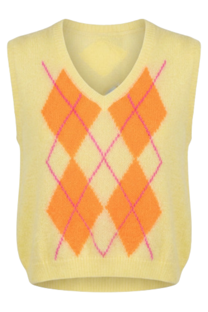 Sleeveless Jumper in Yellow & Orange Argyle