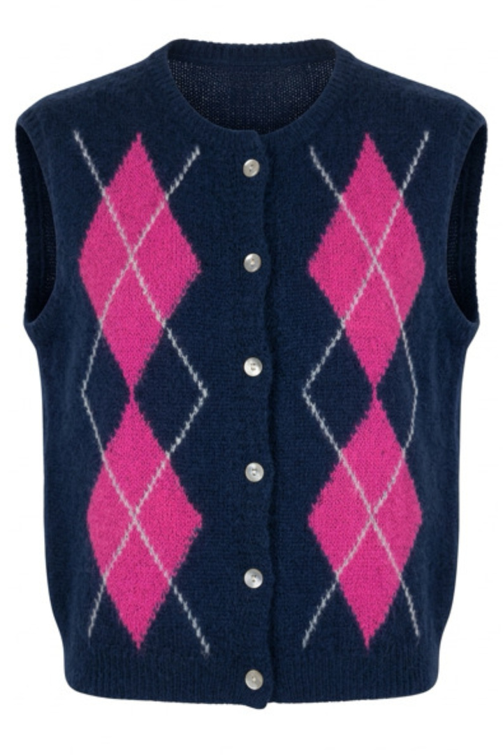 Sleeveless Cardigan in Navy & Hot Pink Argyle