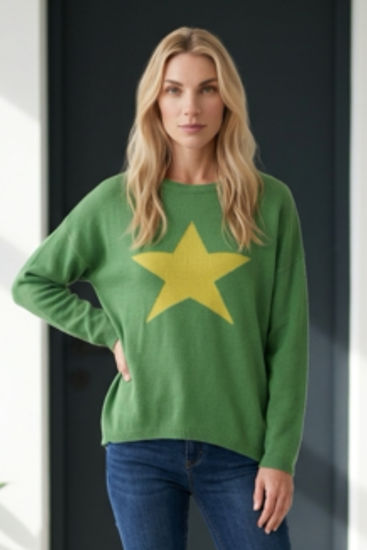 Cashmere Mix Sweater in Grass Green with Lime Star