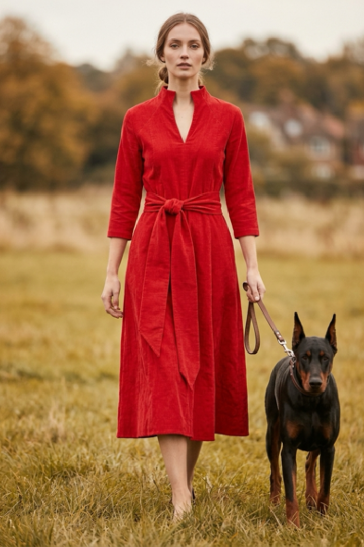Chelsea Corduroy Midi Dress in Pillarbox Red