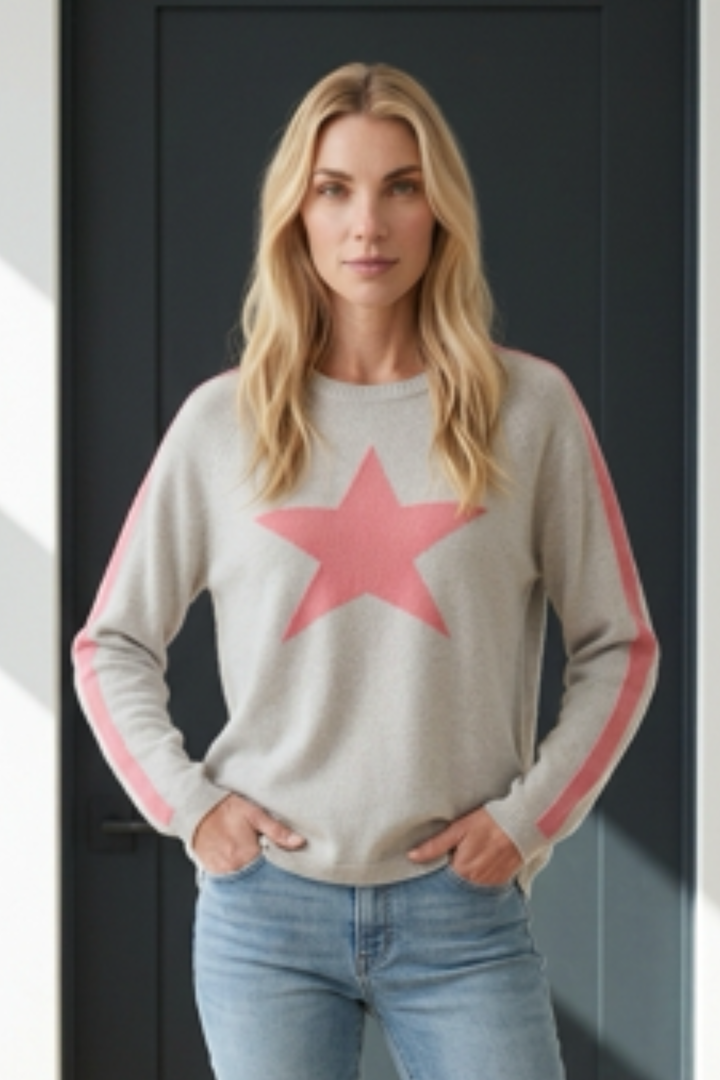 Cashmere Mix Sweater in Beige with Coral Star & Armstripe