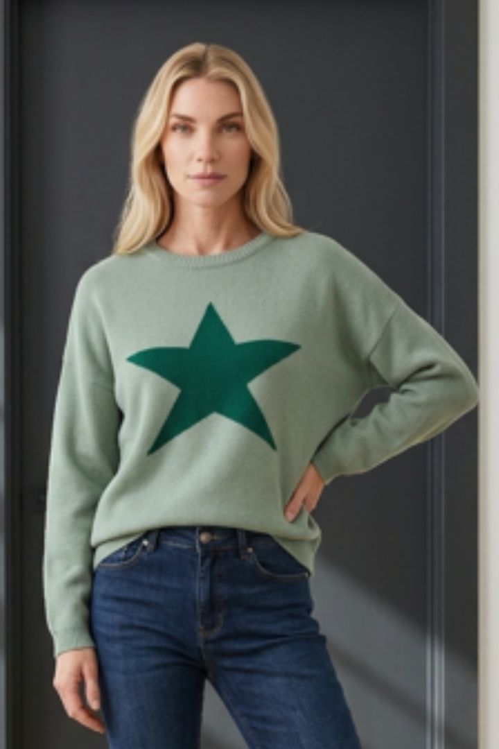 Cashmere Mix Sweater in Sea Green with Dark Green Star