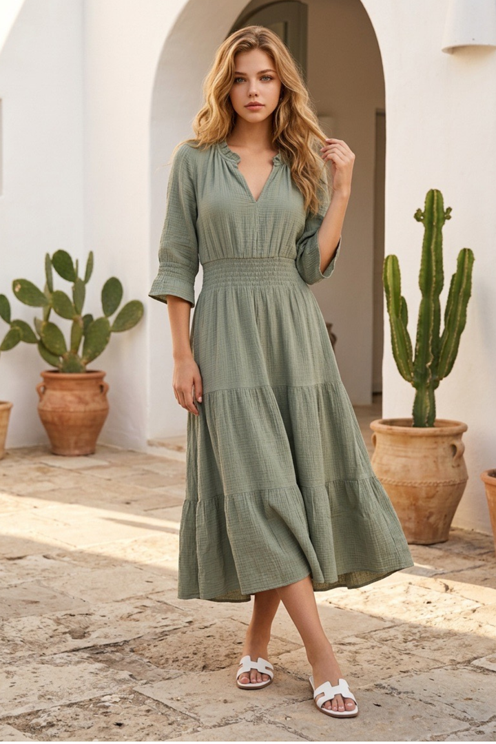 Cotton Salcombe Midi Dress In Olive