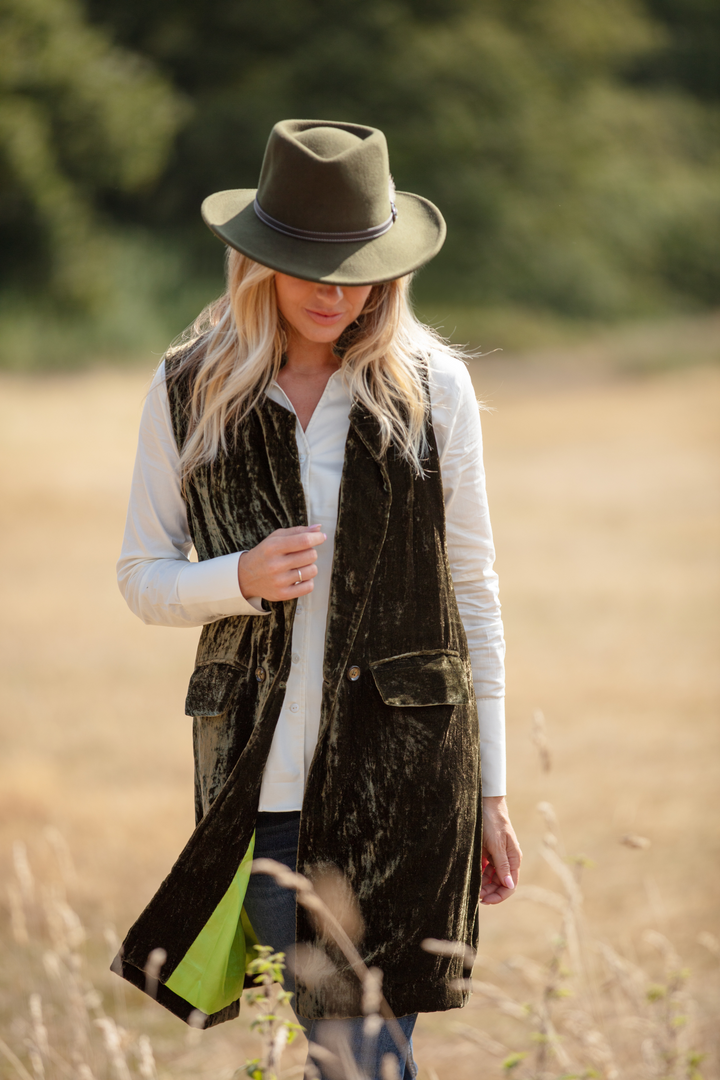 Long Silk Velvet Waistcoat In Olive Green