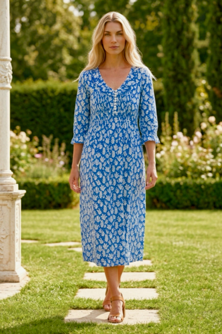 Cotton Karen 3/4 Sleeve Day Dress in Sea Fern