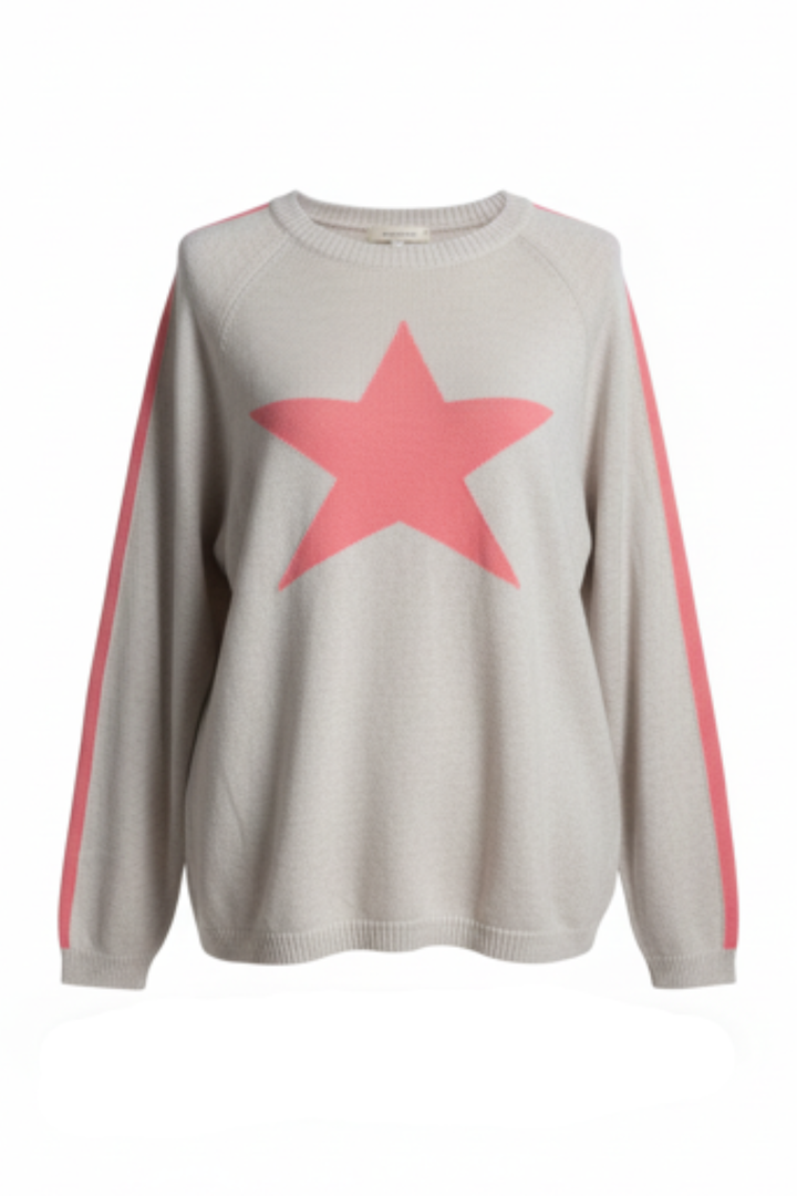 Cashmere Mix Sweater in Beige with Coral Star & Armstripe