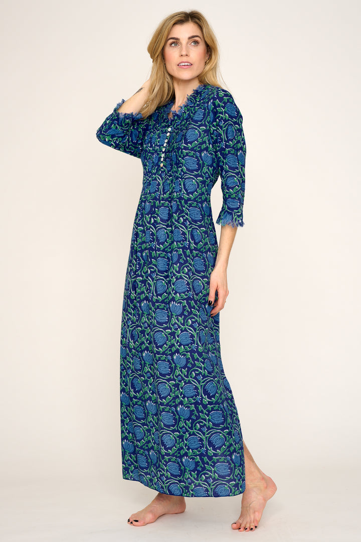 Cotton Annabel Maxi Dress in Royal Blue with Blue & Green Flower