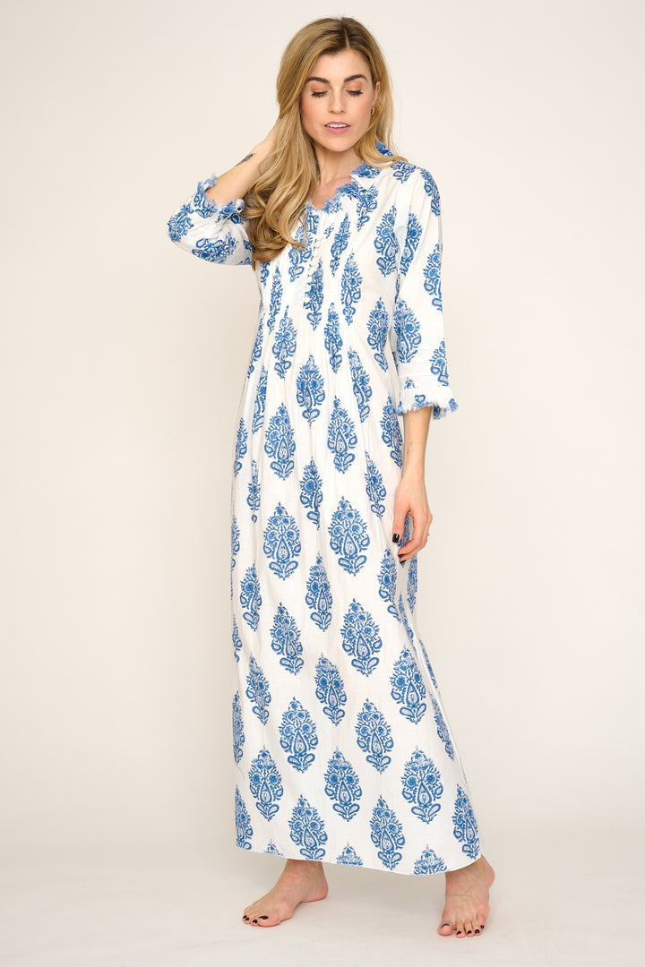 Cotton Annabel Maxi Dress in Fresh Blue & White