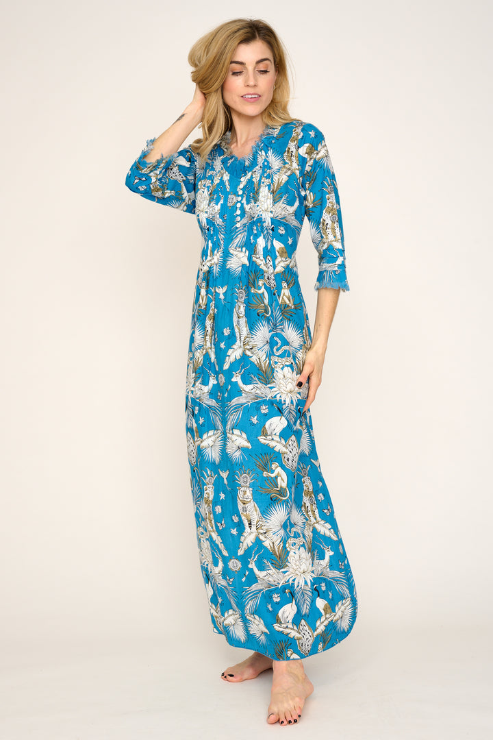 Cotton Annabel Maxi Dress in Sky Blue Tropical