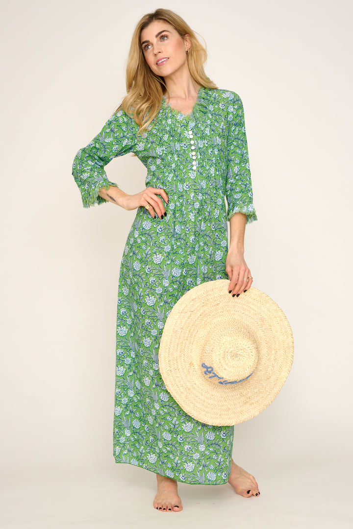 Cotton Annabel Maxi Dress in Green with White & Blue Flower