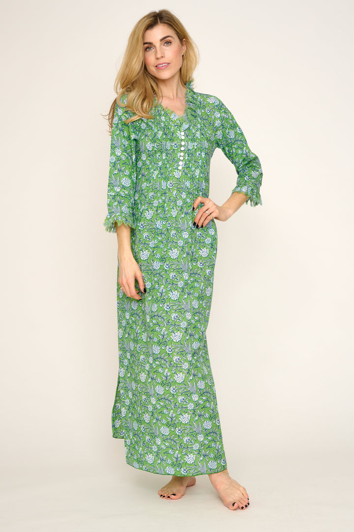 Cotton Annabel Maxi Dress in Green with White & Blue Flower
