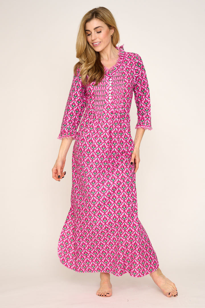 Cotton Annabel Maxi Dress in Pink & Green Moroccan
